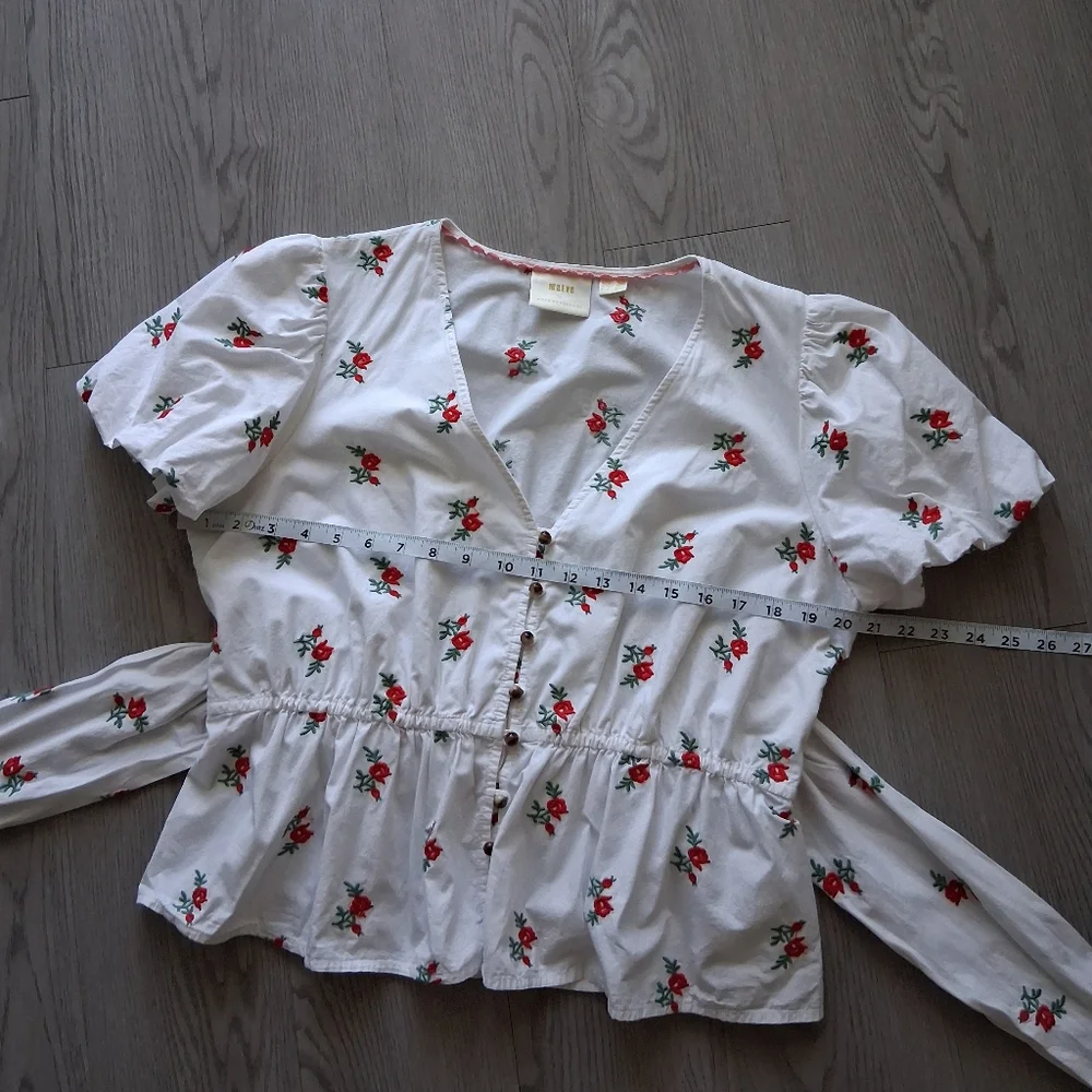 Anthtopologie Maeve Rosalie Embroidered Blouse White Poplin Cotton